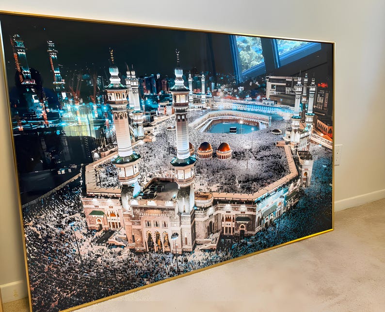 Kaaba Night View Print: Gold Framed Islamic Wall Art (53x35 inch)