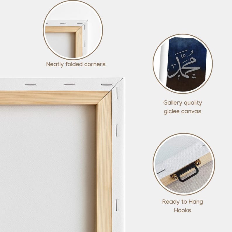 Islamic Wall Art Set of 3: Allah, Muhammad, Ayatul Kursi - Blue & White Canvas Prints