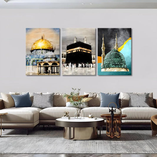 Mecca, Al-Aqsa, Madina Canvas Print Set: Modern Islamic Wall Art