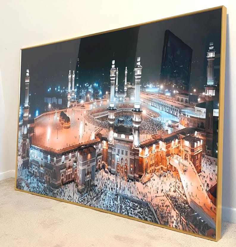 Kaaba Islamic Wall Art – Tempered Glass with Gold Frame, Masjid Al-Haram Night View