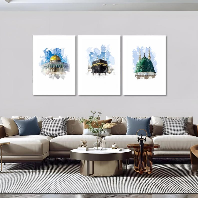 Islamic Watercolor Art Set of 3: Kaaba, Al-Aqsa, Masjid - Muslim Home Decor