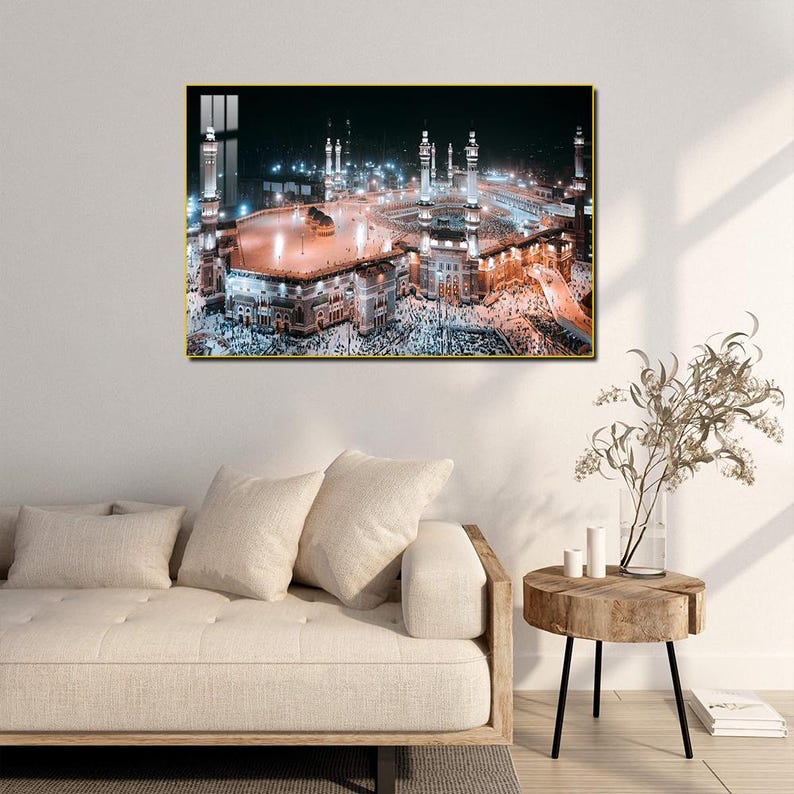 Kaaba Islamic Wall Art – Tempered Glass with Gold Frame, Masjid Al-Haram Night View