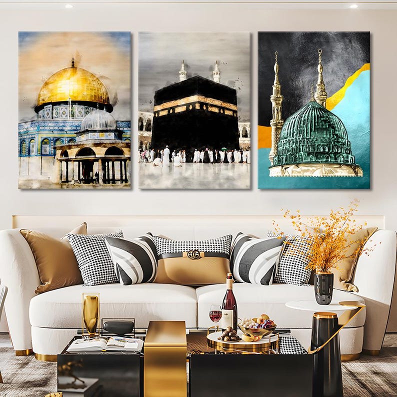 Mecca, Al-Aqsa, Madina Canvas Print Set: Modern Islamic Wall Art