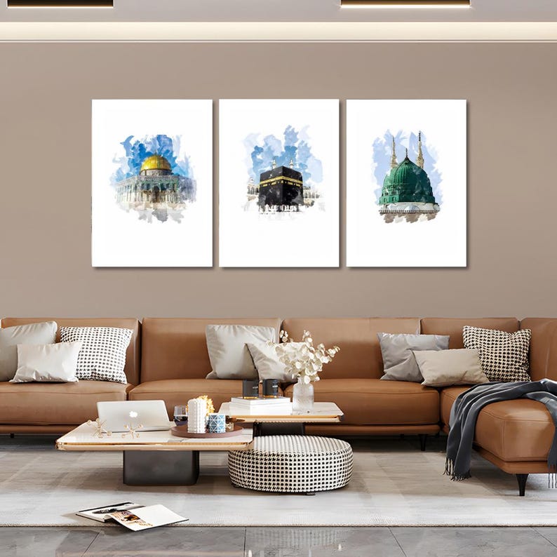 Islamic Watercolor Art Set of 3: Kaaba, Al-Aqsa, Masjid - Muslim Home Decor