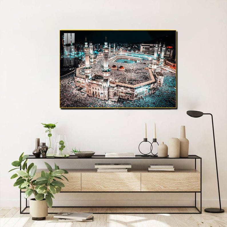 Kaaba Night View Print: Gold Framed Islamic Wall Art (53x35 inch)
