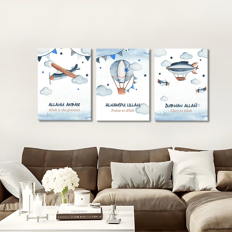 Tasbeeh Islamic Kids Wall Art Set: Airplane & Hot Air Balloon Canvas Prints
