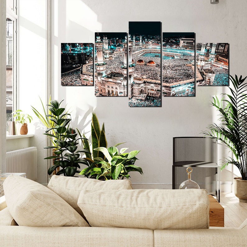 Makkah Haram Aerial Canvas Wall Art: 5-Panel Islamic Decor