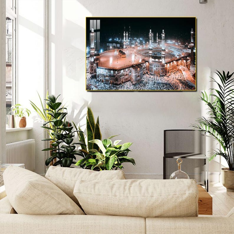 Kaaba Islamic Wall Art – Tempered Glass with Gold Frame, Masjid Al-Haram Night View
