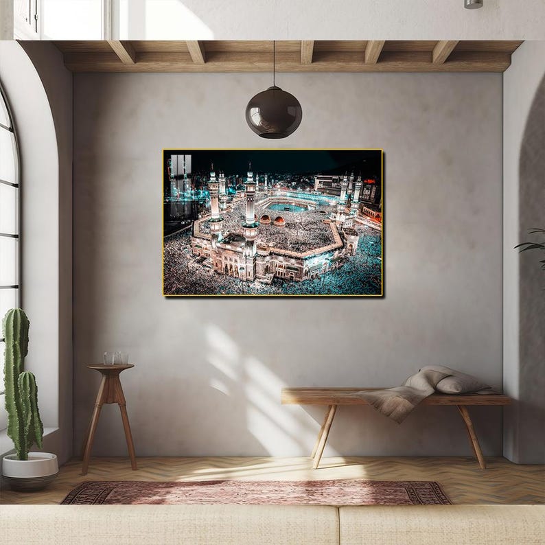 Kaaba Night View Print: Gold Framed Islamic Wall Art (53x35 inch)