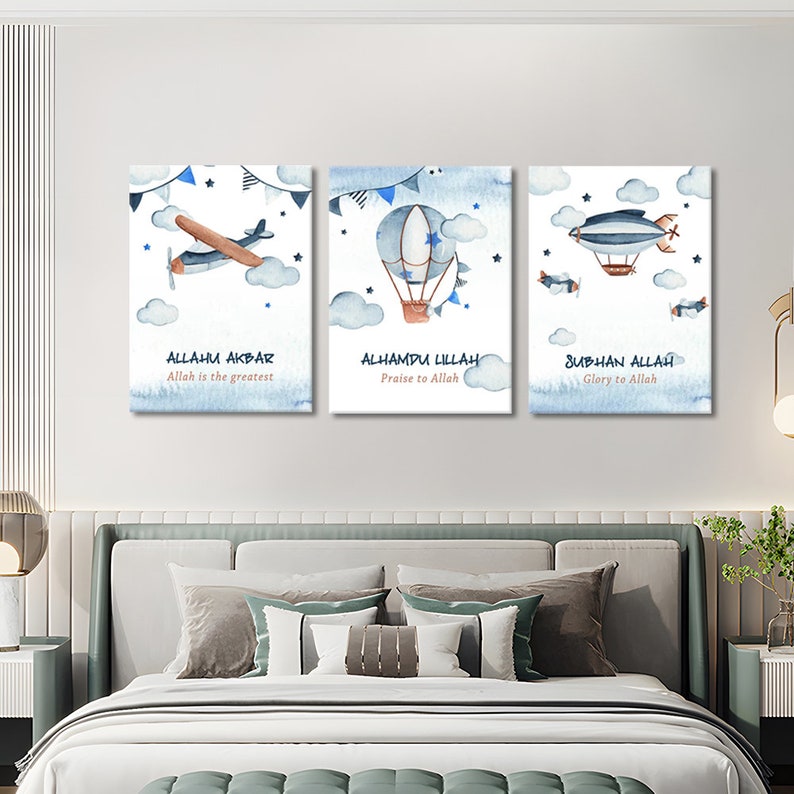 Tasbeeh Islamic Kids Wall Art Set: Airplane & Hot Air Balloon Canvas Prints