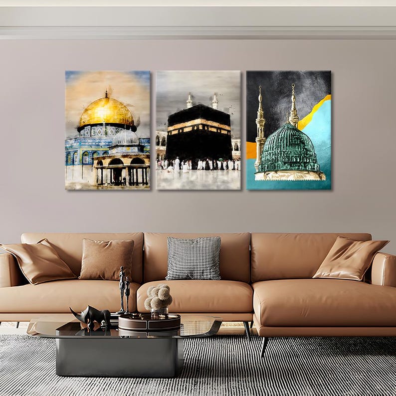 Mecca, Al-Aqsa, Madina Canvas Print Set: Modern Islamic Wall Art