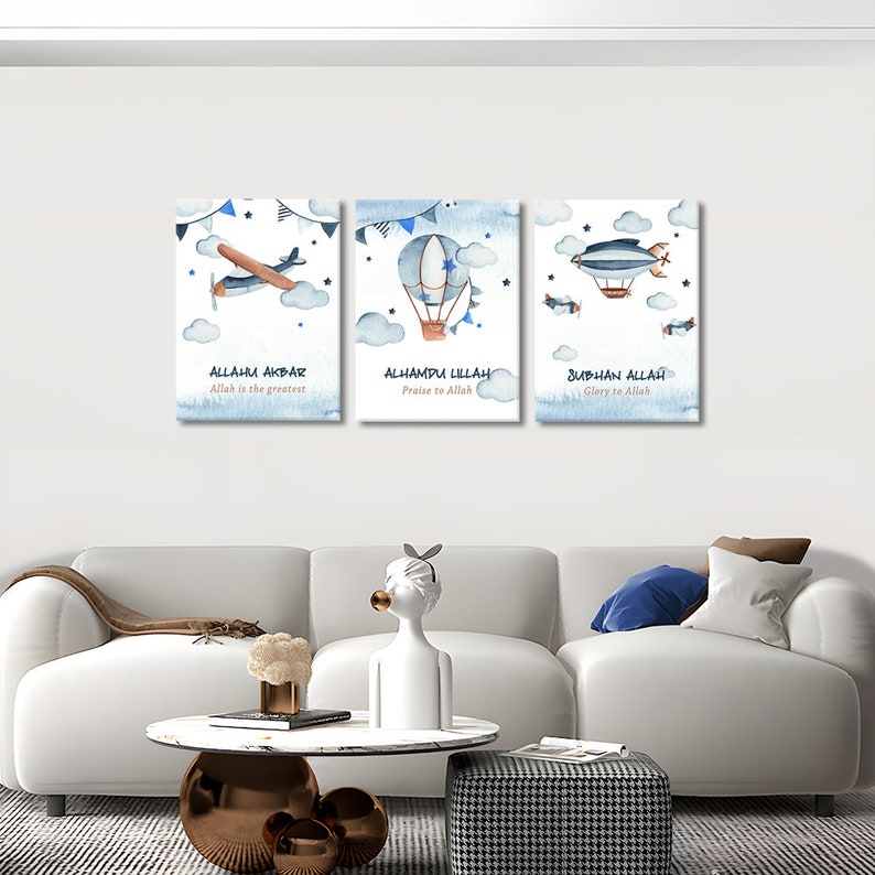 Tasbeeh Islamic Kids Wall Art Set: Airplane & Hot Air Balloon Canvas Prints