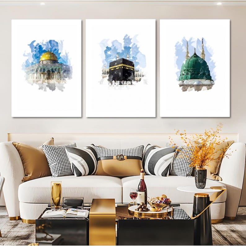Islamic Watercolor Art Set of 3: Kaaba, Al-Aqsa, Masjid - Muslim Home Decor