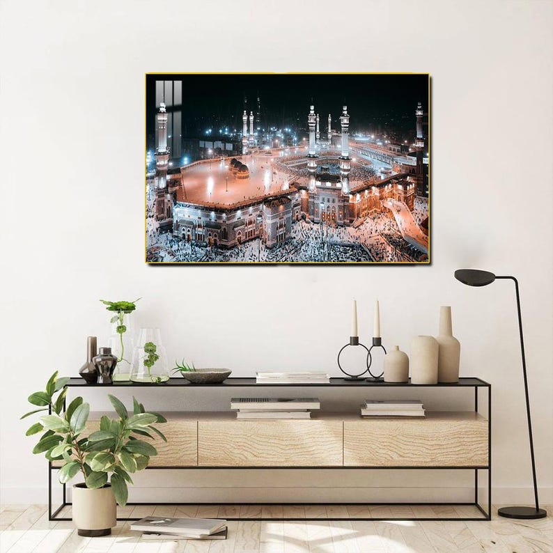 Kaaba Islamic Wall Art – Tempered Glass with Gold Frame, Masjid Al-Haram Night View