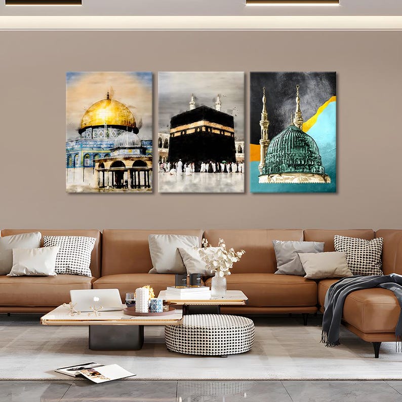 Mecca, Al-Aqsa, Madina Canvas Print Set: Modern Islamic Wall Art