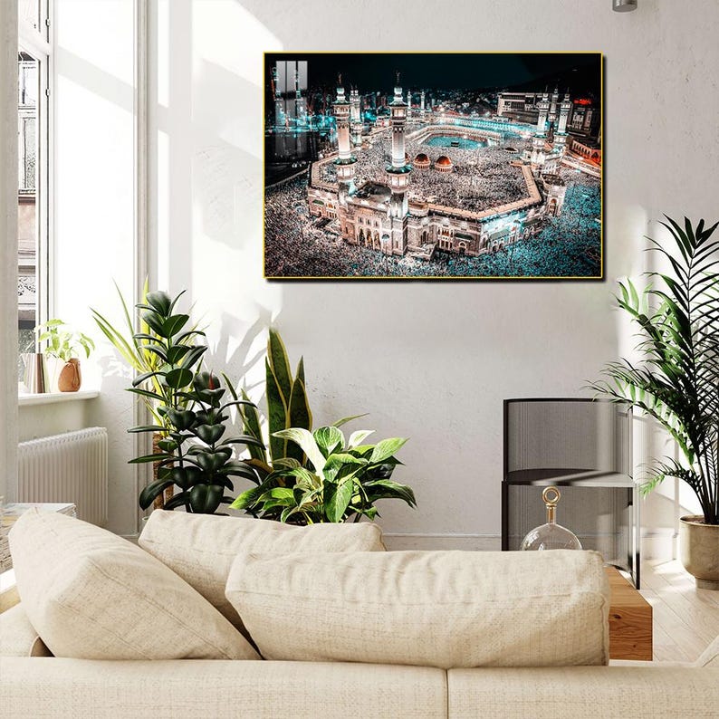 Kaaba Night View Print: Gold Framed Islamic Wall Art (53x35 inch)