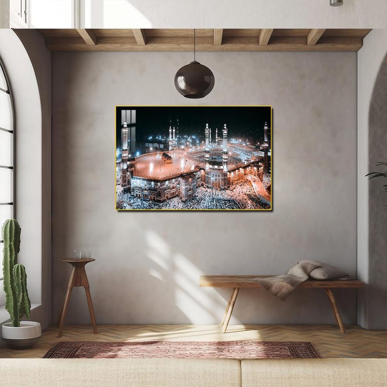 Kaaba Islamic Wall Art – Tempered Glass with Gold Frame, Masjid Al-Haram Night View