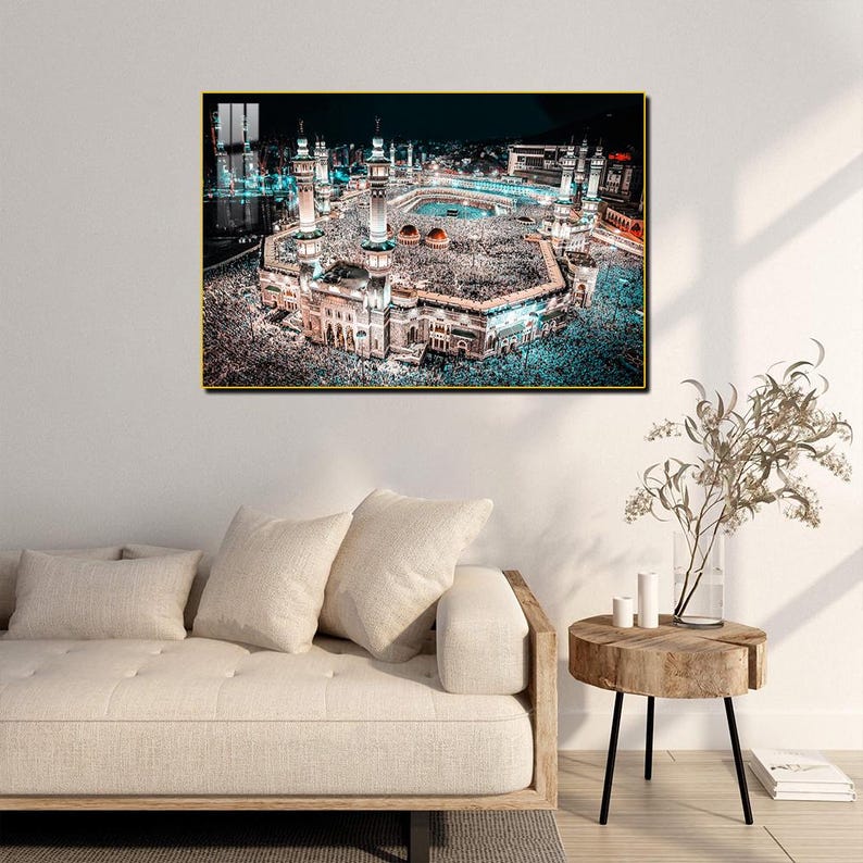 Kaaba Night View Print: Gold Framed Islamic Wall Art (53x35 inch)