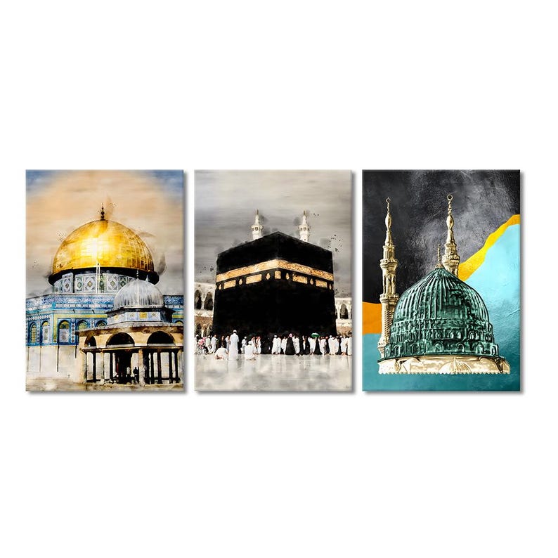 Mecca, Al-Aqsa, Madina Canvas Print Set: Modern Islamic Wall Art