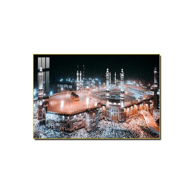 Kaaba Islamic Wall Art – Tempered Glass with Gold Frame, Masjid Al-Haram Night View
