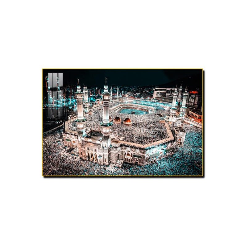 Kaaba Night View Print: Gold Framed Islamic Wall Art (53x35 inch)